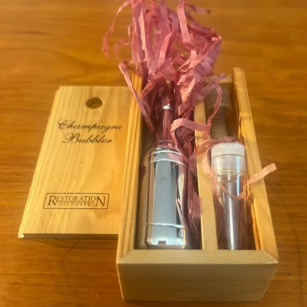 Restoration Hardware silver champagne bubbler in wooden crate-NIB-vintage 1990s